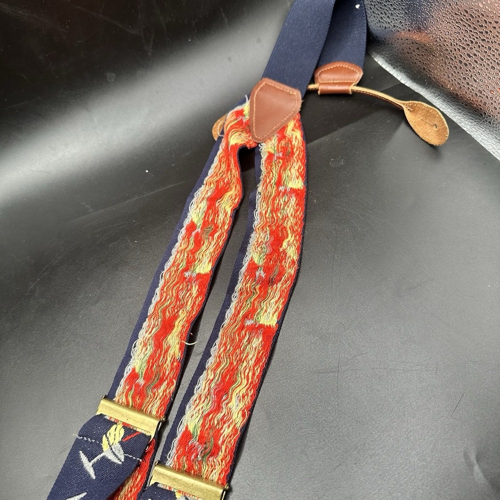 Navy Blue Ribbon Suspenders Embroidered Martini Glasses Brown Leather Closures - Picture 7 of 8